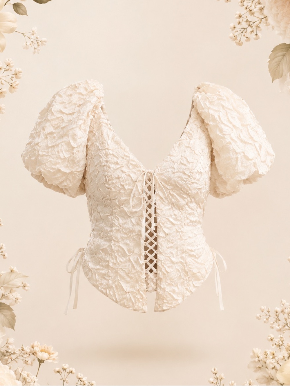 FOR LOVE & LEMONS Frosted Organza Blouse Women’s S Cream Lace Up NWT - Picture 2 of 5